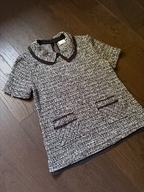 Black & White Tweed Short-Sleeve Top with Peter Pan Collar